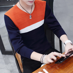 2016秋季男士毛衣韩版圆领套头撞色青年针织衫学生加绒加厚线衣潮