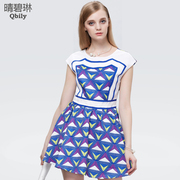 Linda new Qing bi ladies 2015 slim summer dress short sleeve dress with geometric print skirts, high waist skinny