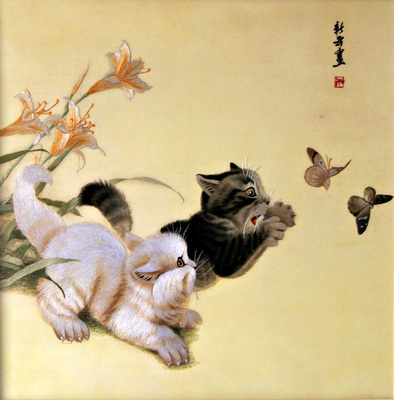 苏绣单面绣 《猫戏蝶》