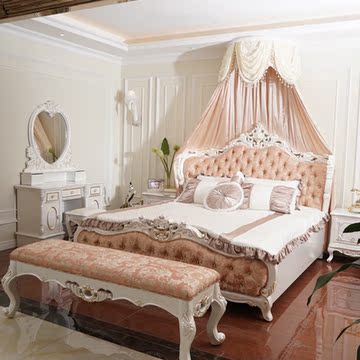 菲玛仕豪华大气珍珠白真皮床1米8高档卧室欧式皮双人床 欧式 a69床