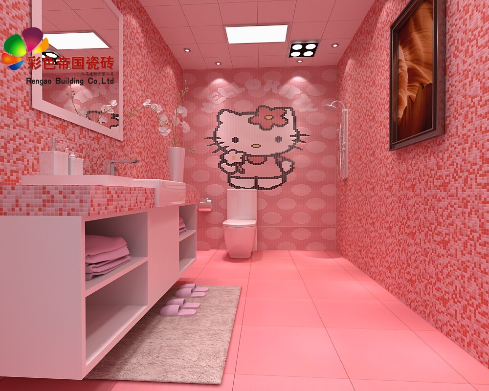 用粉色hello kitty瓷砖打造童趣卫生间