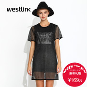 Westlink/West fall 2015 new letters printed mesh cut two piece dress t shirt dress