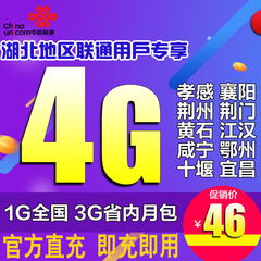 买1送3湖北武汉联通流量充值订1G全国流量送3G省内手机号卡流量包