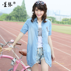 星琴少女夏装 新款牛仔衬衫中长款韩版高中学生衬衫短袖薄外套