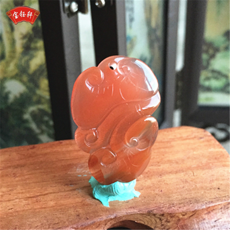 天然四川南红玛瑙如意吊坠小雕件水红玉石雕刻项坠
