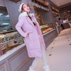 2016韩国新款加厚保暖中长款大毛领羽绒服外套女修身显款棉服大衣