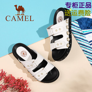 coach褲帶頭怎麼連接 正品Camel 駱駝牌女鞋 2020新款鉚釘涼拖 接頭休閑厚底中性拖鞋女 coach腰帶