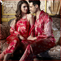 红色男女士结婚丝绸睡衣新婚庆情侣真丝夏天秋季长袖套装睡袍睡裙