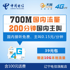 辽宁电信4G手机卡 39元包国内流量主叫 送10G本地流量 含100话费