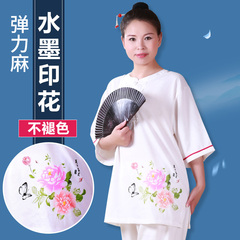 五禽戏 太极服女夏季短袖弹力麻印花太极拳服装晨练武术服春夏款