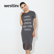 Westlink/West long t letter in the spring of 2016 new wave printing mesh short sleeve dress
