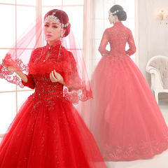 韩版婚纱礼服2016新款冬季长袖简约新娘结婚红色拖尾高腰齐地显瘦