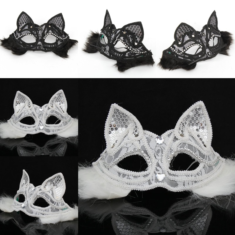 五娃争福 黑色蕾丝面具狐狸面具万圣节猫脸面具半脸动物面具