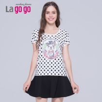 Lagogo/拉谷谷2015年夏季新款动物印花波点拼色T恤EBL790E910