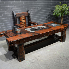 帅府老船木家具2.6米弧形功夫茶台仿古艺术实木茶桌椅厂家直销