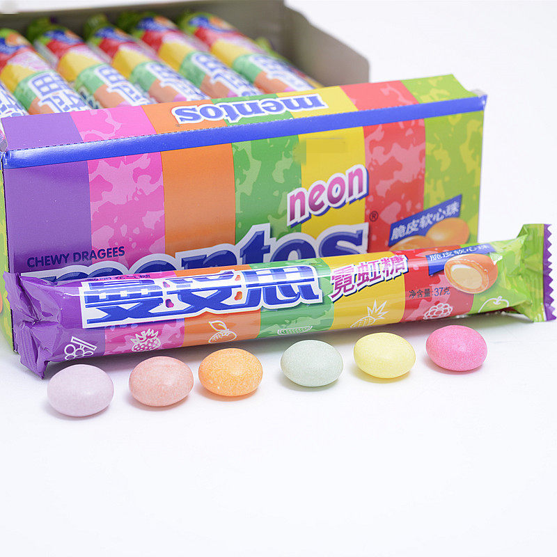 曼妥思劲嚼充气糖霓虹糖脆皮软心珠条糖37g外脆内软