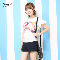 拉夏贝尔2015夏新款 荷叶边袖型彩色印花短袖T恤 女30005316