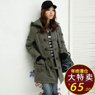 ioeoi旗舰店2015秋冬新款韩版大码女装显瘦外套棉衣长袖上衣双排扣中长款风衣