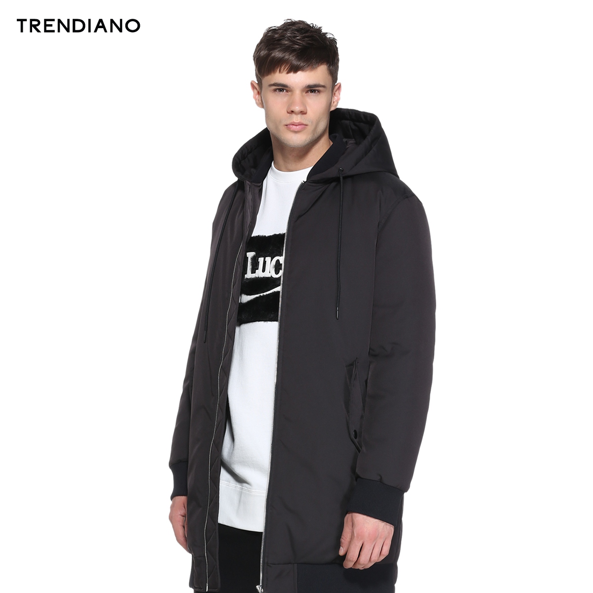 TRENDIANO新2016男装冬装潮流纯色长款连帽羽绒服外套3HC4332120产品展示图5
