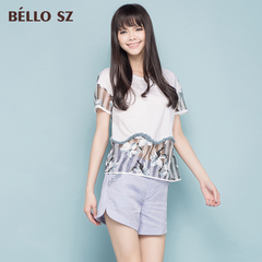 bello sz贝洛安夏装新品圆领透视拼接修身短袖T恤女 夏