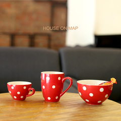瓷家友陶餐具套装 红色波点马克杯咖啡杯甜品碗陶瓷餐具套装