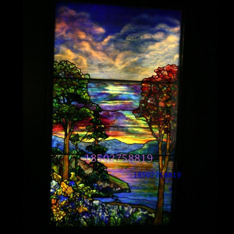 蒂凡尼电视背景墙隔断屏风卫生间柜门艺术玻璃油画欧式风景色雕刻