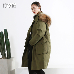 2016冬季新款韩版大毛领连帽羽绒服女士中长款保暖军绿色棉衣外套