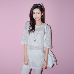 QUEENZZ/2015 spring/summer vintage crewneck Turtleneck sleeveless long coat in lace shirt girl Korean version of tide