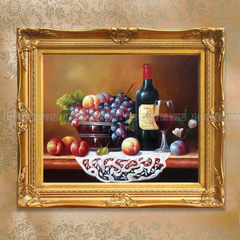 小乐熊 手绘餐厅场所挂画水果红酒瓶有框油画 装饰画