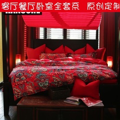 婚庆床品套件1.8米中国红三四件套1.5米全棉大红印花40支斜纹纯棉
