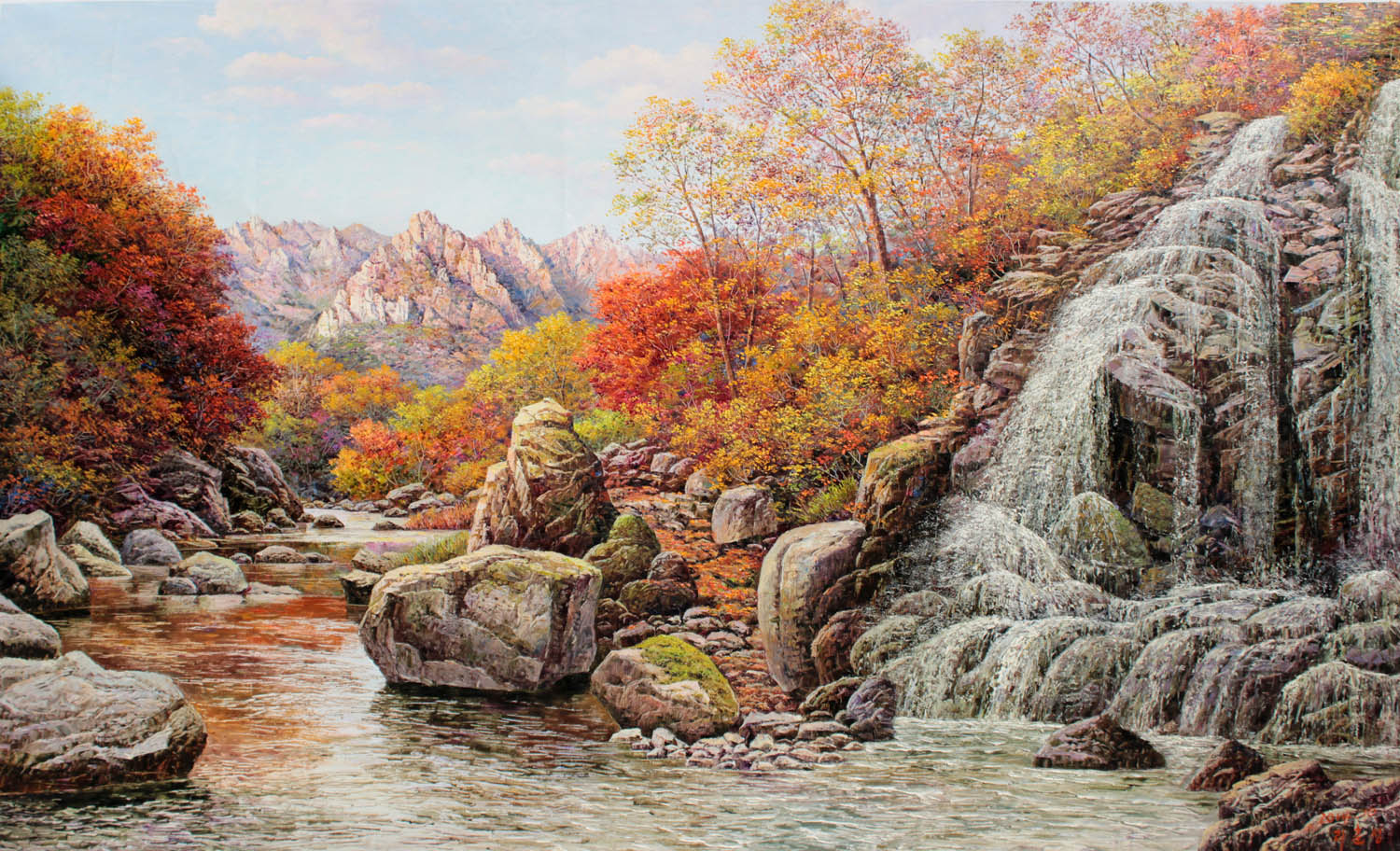 李春成《山水》旺财运朝鲜人民艺术家油画力作【白头山出品】