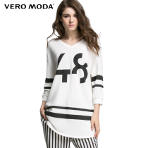 Vero Moda超弹针织面料V领七分袖运动字母印花长款T恤|315330020