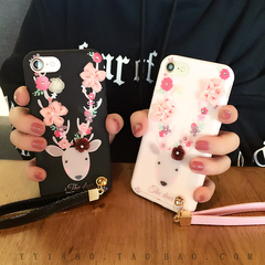 韩国花朵梅花鹿iPhone7plus手机壳苹果6/6s硅胶挂绳挂链软壳潮女