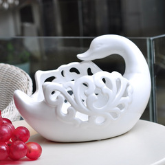 福美林 欧式时尚创意装饰摆件 镂空纯白陶瓷天鹅水果盘糖果盘子