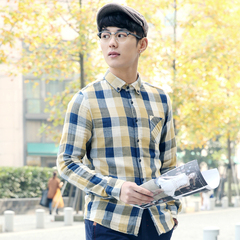 名稻男装秋季新款长袖格子棉麻衬衫 男士韩版修身型长袖衬衣上衣