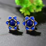 Thai natural lapis lazuli earrings in 925 Silver cloisonne inlay female burn blue Stud Earrings new