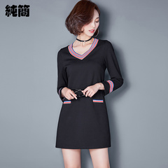 秋冬季新款韩版女装针织衫女套头v领中长款修身打底衫显瘦连衣裙
