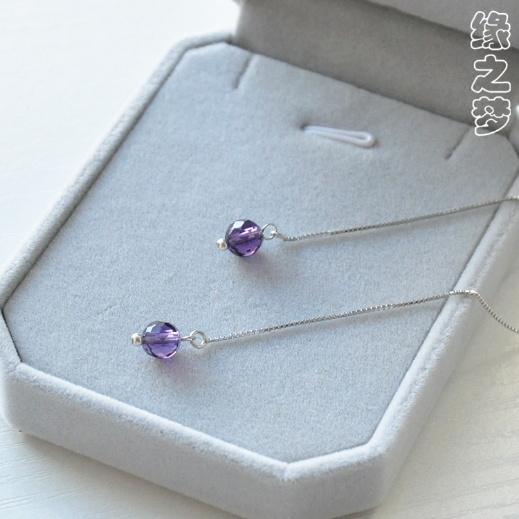 S925纯银耳线天然紫水晶简约超长耳链小清新时尚韩国气质耳坠饰品