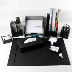 品地黑色十字纹桌面10件套办公套装大班垫文件篓笔筒纸巾盒名片座