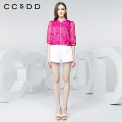 CCDD2016夏装新款专柜正品女 撞色印花欧根纱外套 直筒短装上衣