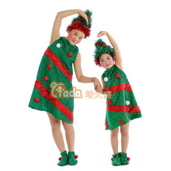 儿童圣诞树表演服圣诞节日演出服装 亲子装 圣诞老人舞蹈服绿装