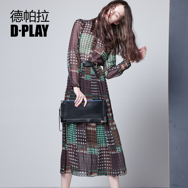 D－PLAY秋冬款欧美墨绿格纹长袖衬衫长裙复古印花气质雪纺连衣裙产品展示图3