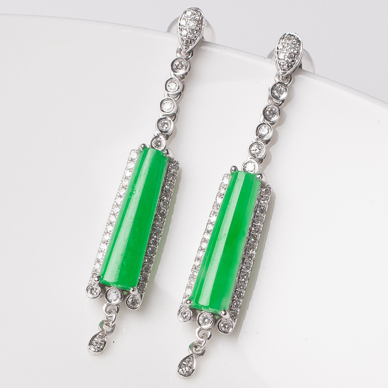 深圳市瑞丰祥珠宝有限公司 18k金镶嵌钻石老坑翡翠a货绿柱形耳钉一对