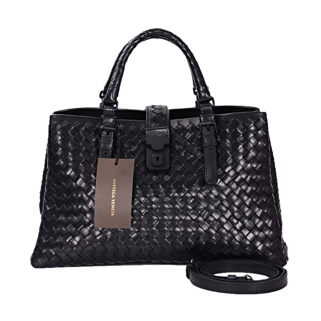 [奥莱闪拍][9.9新]葆蝶家bv女士roma黑色编织单肩斜跨手提包