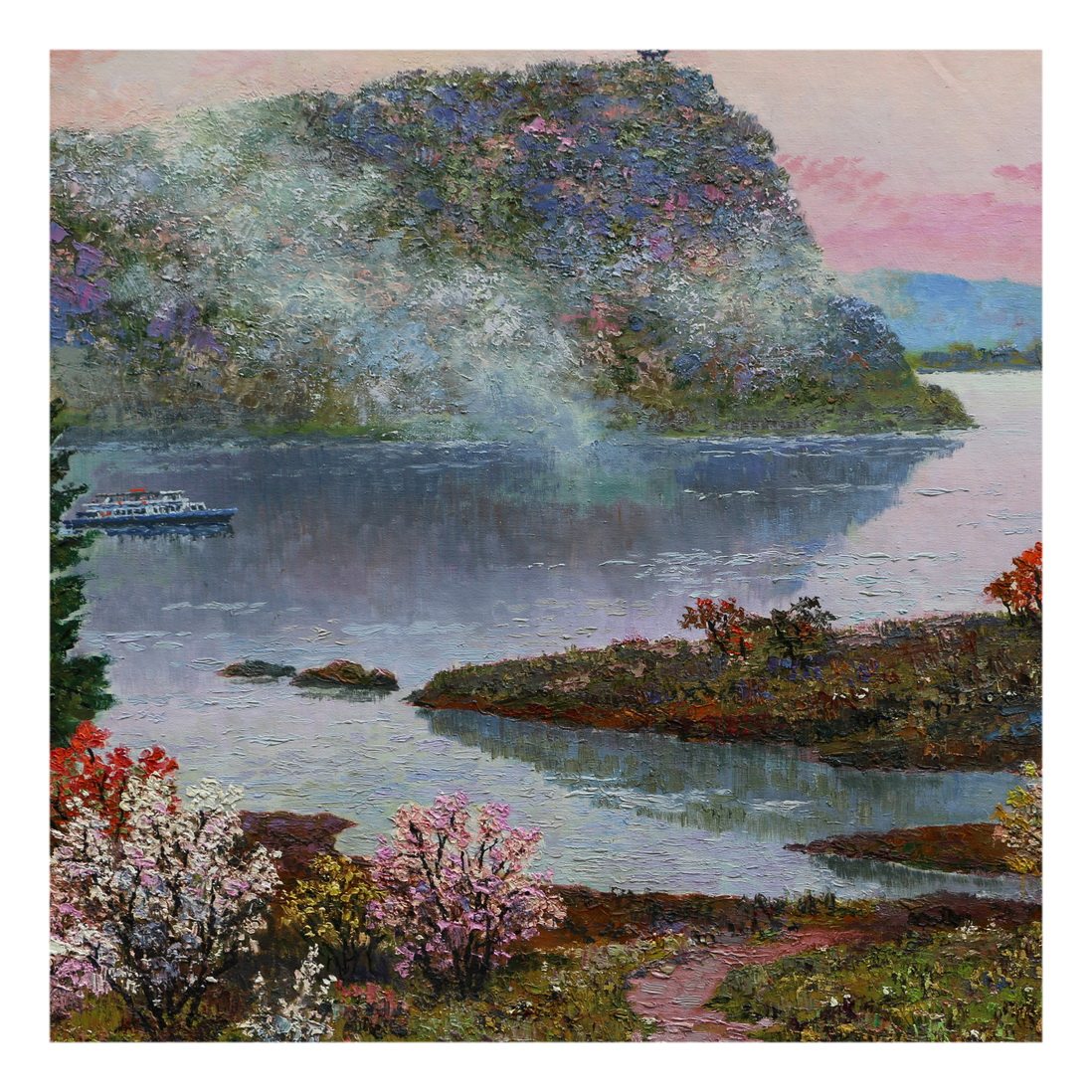 朝鲜画 人民艺术家朴来天《彩霞》大学出版画系 大卫画廊