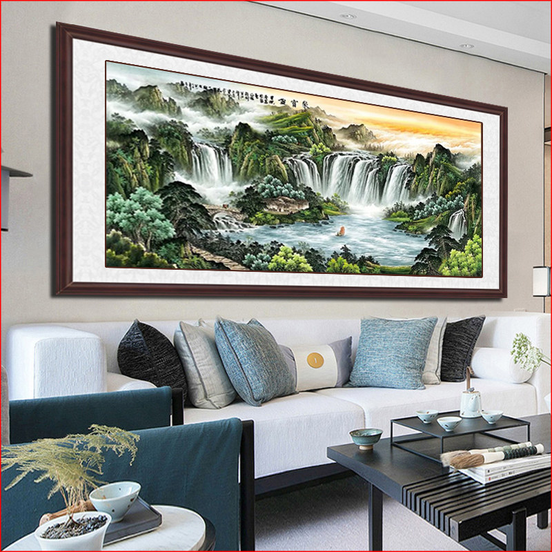 聚宝盆山水画客厅西墙挂画没有无太阳i沙发电视背景墙装饰画横款