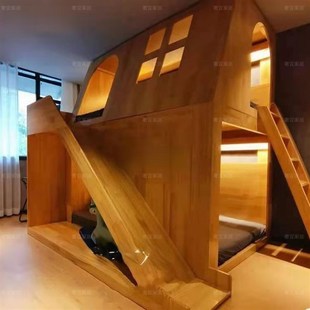 简约全实木儿童双层床高低树屋房子床美式城堡滑梯组合上下铺定制