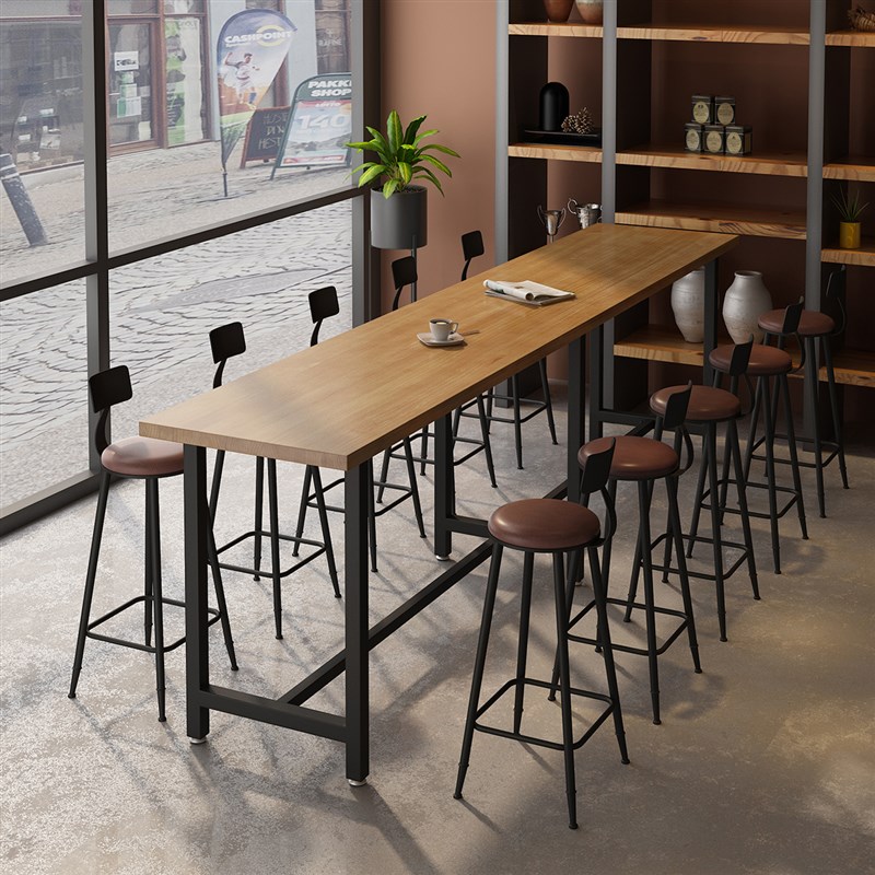 奶茶店实木高脚桌酒吧商用简约铁艺长条靠墙窄桌吧台桌椅组合1202