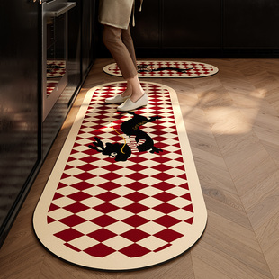 龙年红色格子喜庆厨房吸水地垫防滑防油矽藻泥新年软地毯可定制