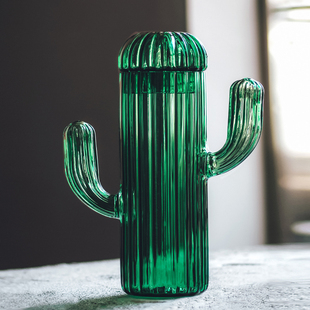 极速创意绿色糖果罐仿生仙人掌玻璃罐手工装饰带盖琉璃储物罐糖果